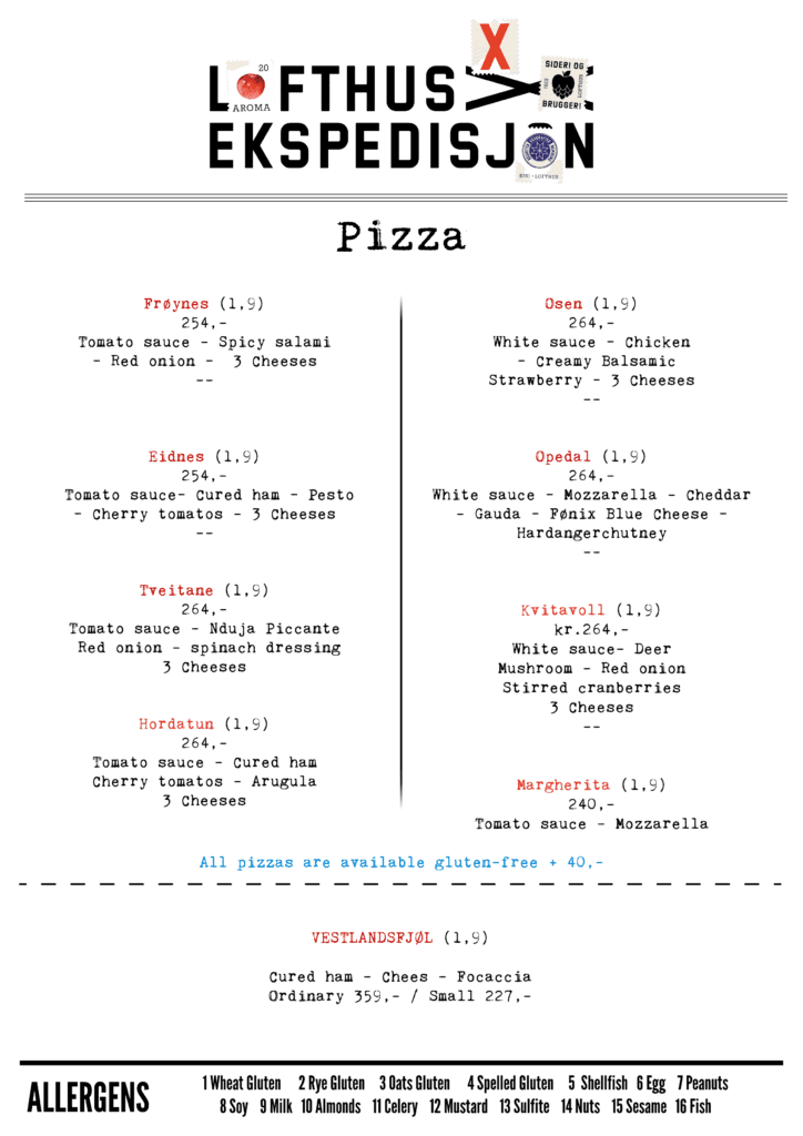 Menu at Lofthus Ekspedisjonen summer 2025 english